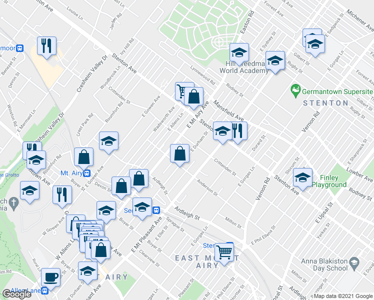 map of restaurants, bars, coffee shops, grocery stores, and more near 543 East Durham Street in Philadelphia