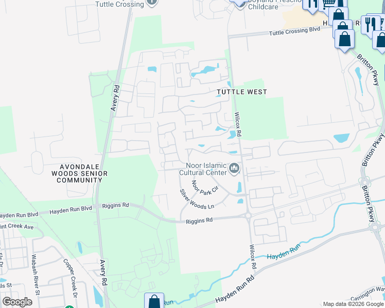 map of restaurants, bars, coffee shops, grocery stores, and more near 5582 Viningbrook Drive in Dublin