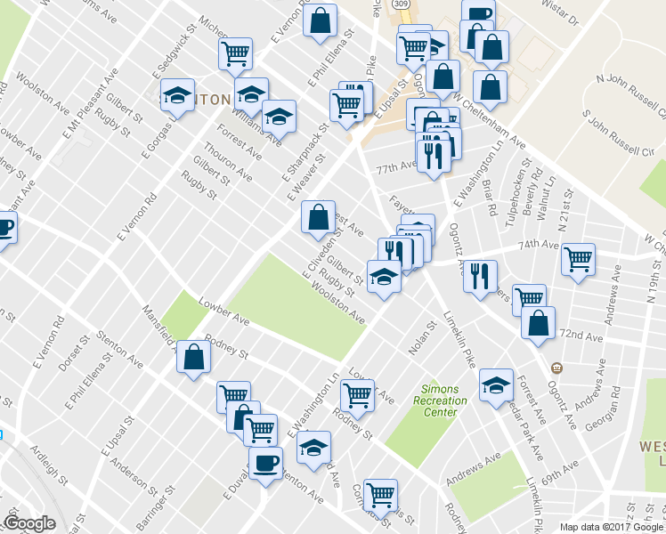 map of restaurants, bars, coffee shops, grocery stores, and more near 7534 Gilbert Street in Philadelphia