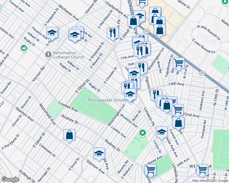 map of restaurants, bars, coffee shops, grocery stores, and more near 7502 Thouron Avenue in Philadelphia
