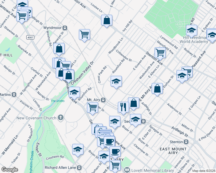 map of restaurants, bars, coffee shops, grocery stores, and more near 7430 Ardleigh Street in Philadelphia