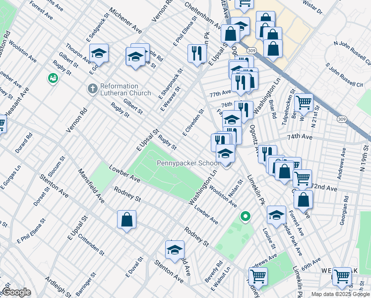 map of restaurants, bars, coffee shops, grocery stores, and more near 7534 Gilbert Street in Philadelphia