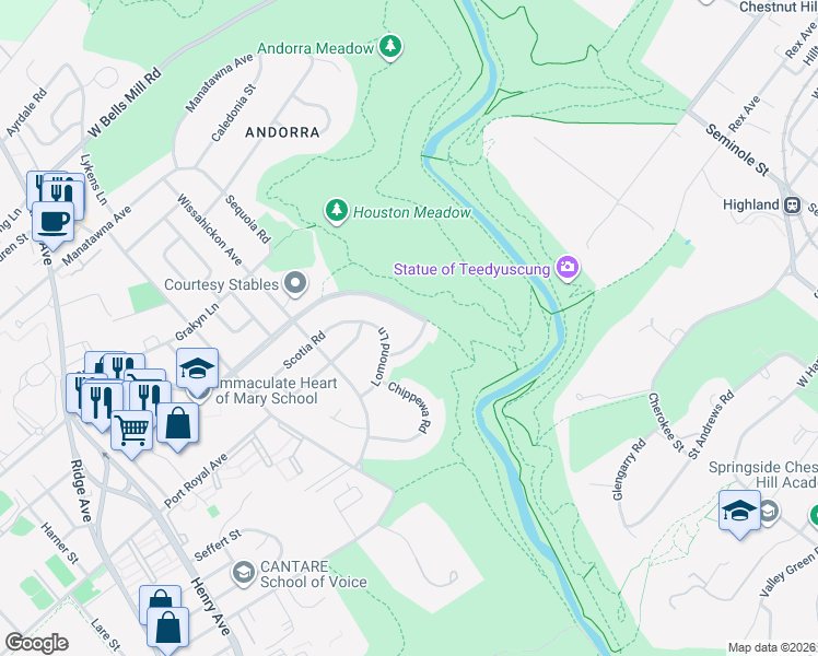 map of restaurants, bars, coffee shops, grocery stores, and more near 905 Glenroy Road in Philadelphia