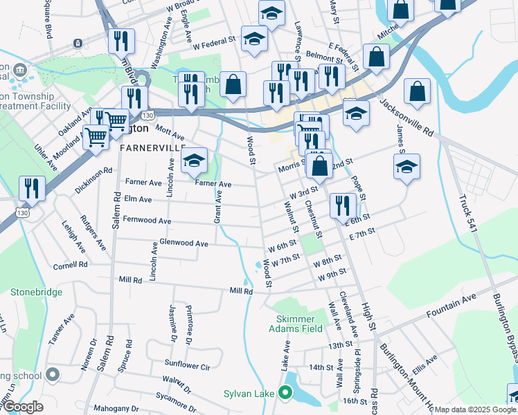 map of restaurants, bars, coffee shops, grocery stores, and more near Wood Street & West 3rd Street in Burlington