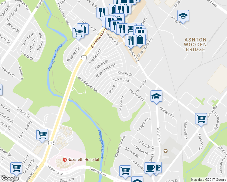 map of restaurants, bars, coffee shops, grocery stores, and more near 8825 Lister Street in Philadelphia