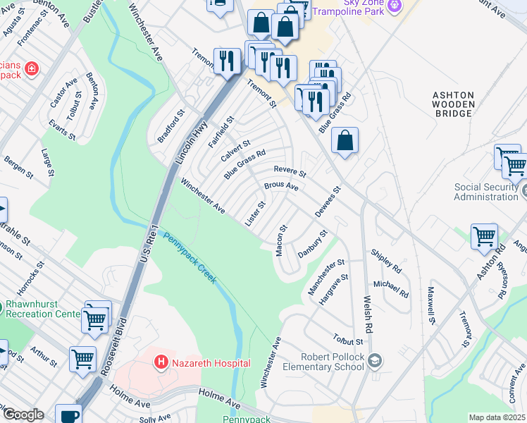 map of restaurants, bars, coffee shops, grocery stores, and more near 8825 Lister Street in Philadelphia
