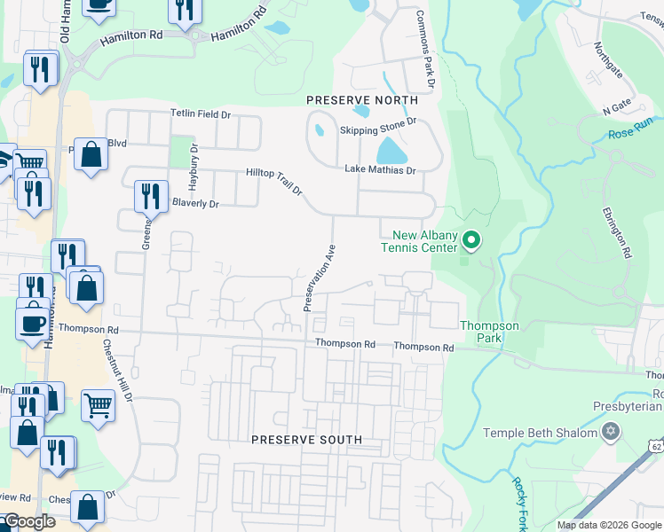 map of restaurants, bars, coffee shops, grocery stores, and more near 4224 Preservation Avenue in New Albany