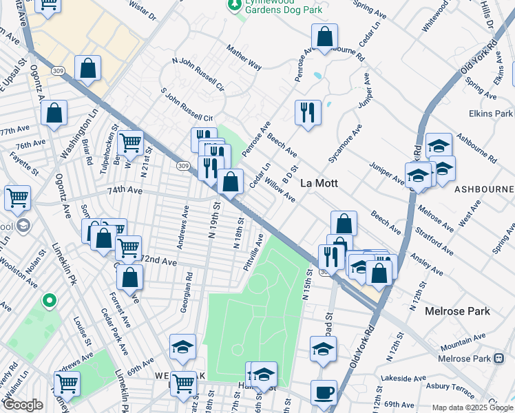 map of restaurants, bars, coffee shops, grocery stores, and more near 1712 Chelsea Road in La Mott