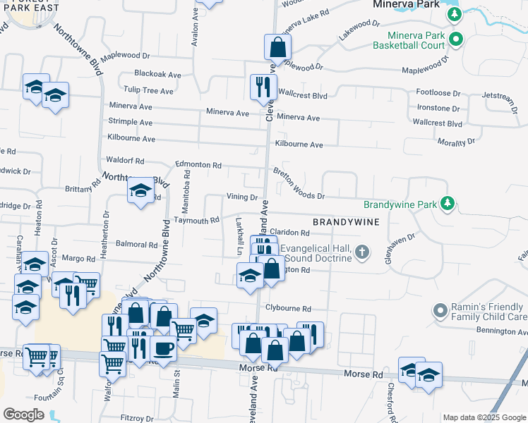 map of restaurants, bars, coffee shops, grocery stores, and more near Cleveland Ave & Northwold Rd in Columbus