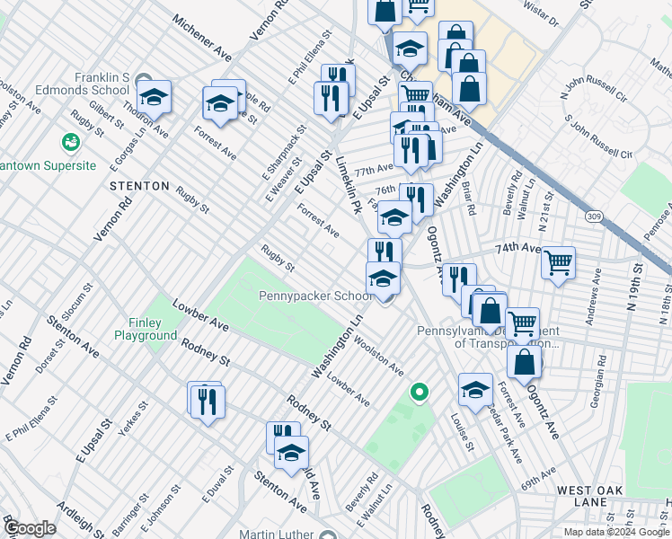 map of restaurants, bars, coffee shops, grocery stores, and more near 7504 Thouron Avenue in Philadelphia