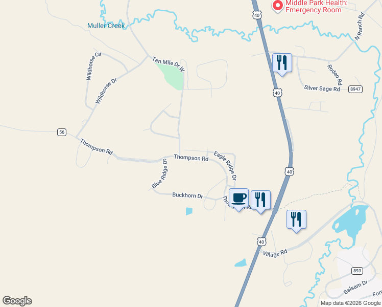 map of restaurants, bars, coffee shops, grocery stores, and more near Thompson Road in Granby