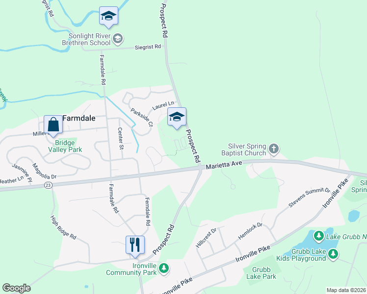 map of restaurants, bars, coffee shops, grocery stores, and more near 695 Prospect Road in Mount Joy