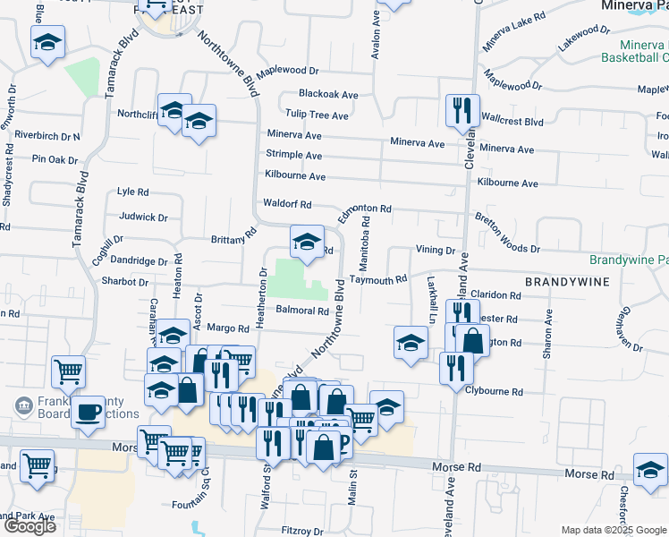 map of restaurants, bars, coffee shops, grocery stores, and more near 4793 Northtowne Boulevard in Columbus