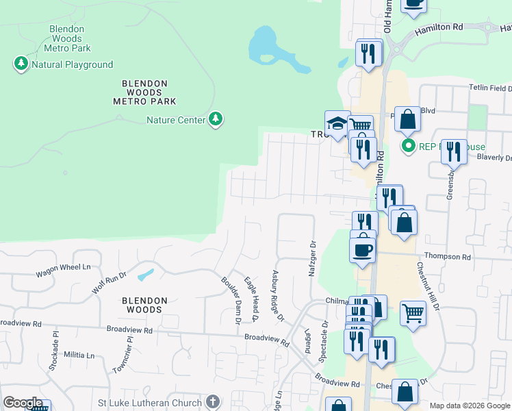 map of restaurants, bars, coffee shops, grocery stores, and more near 5681 Blendon Place Drive in Columbus