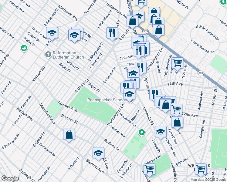 map of restaurants, bars, coffee shops, grocery stores, and more near 7504 Thouron Avenue in Philadelphia