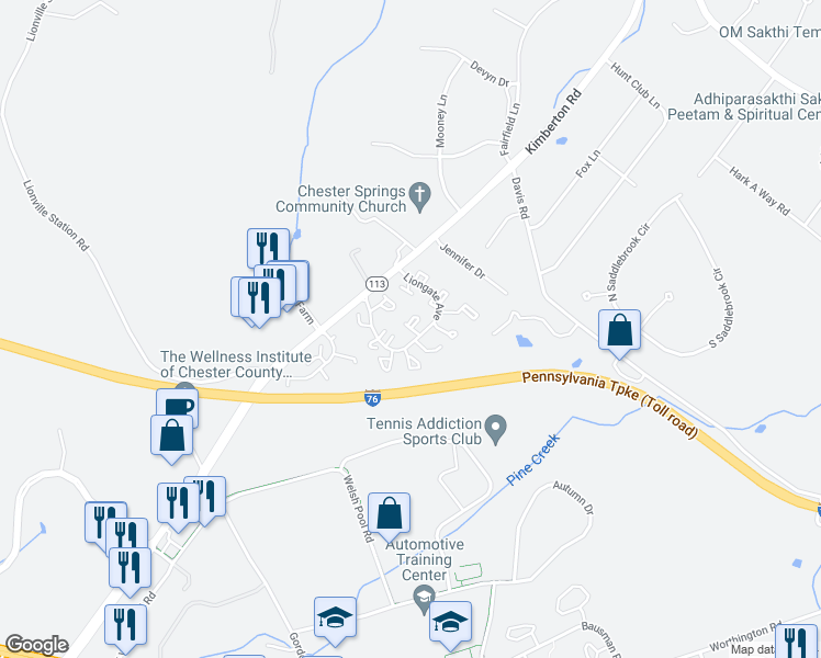 map of restaurants, bars, coffee shops, grocery stores, and more near 2477 Trinity Court in Chester Springs