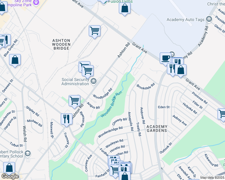 map of restaurants, bars, coffee shops, grocery stores, and more near 9447 Woodbridge Road in Philadelphia
