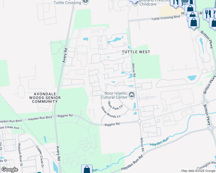 map of restaurants, bars, coffee shops, grocery stores, and more near 5576 Viningbrook Drive in Dublin