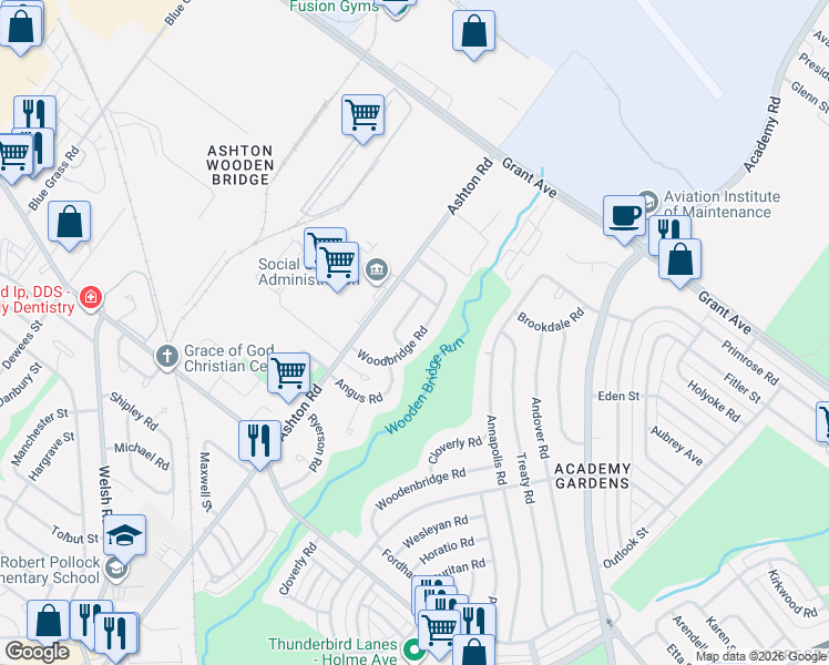 map of restaurants, bars, coffee shops, grocery stores, and more near 9424 Woodbridge Road in Philadelphia