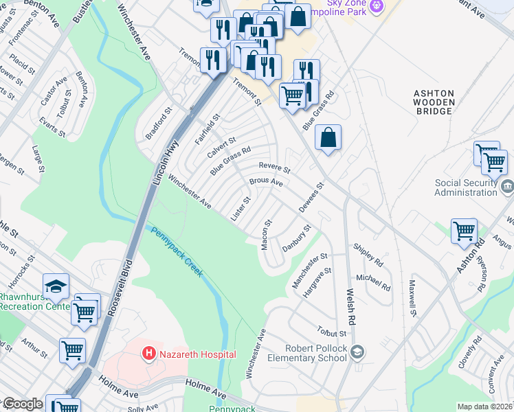 map of restaurants, bars, coffee shops, grocery stores, and more near 8816 Brocklehurst Street in Philadelphia