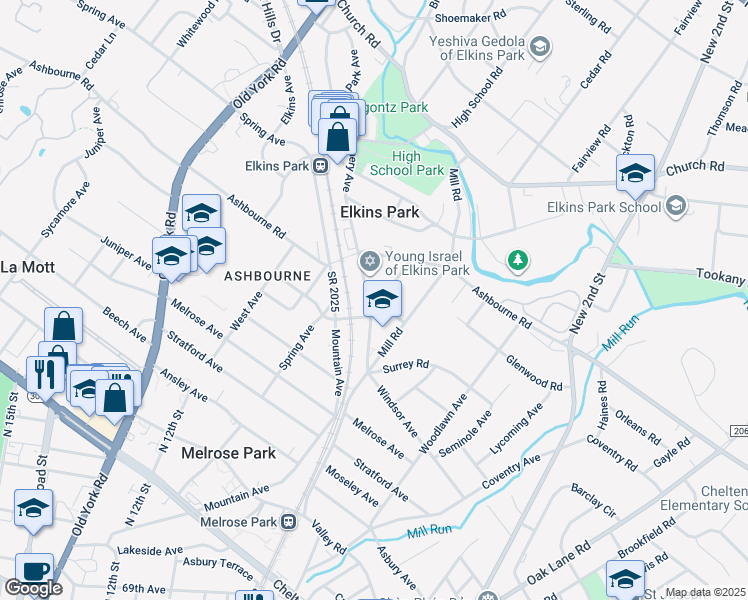 map of restaurants, bars, coffee shops, grocery stores, and more near 7700 Montgomery Avenue in Elkins Park