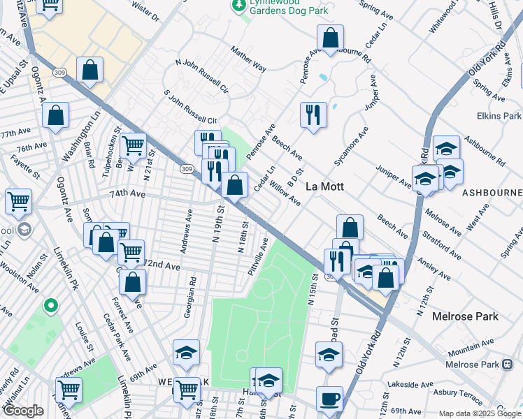 map of restaurants, bars, coffee shops, grocery stores, and more near 1714 Chelsea Road in La Mott