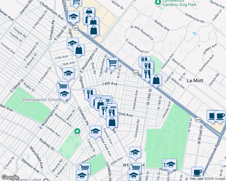 map of restaurants, bars, coffee shops, grocery stores, and more near 7319 North 21st Street in Philadelphia
