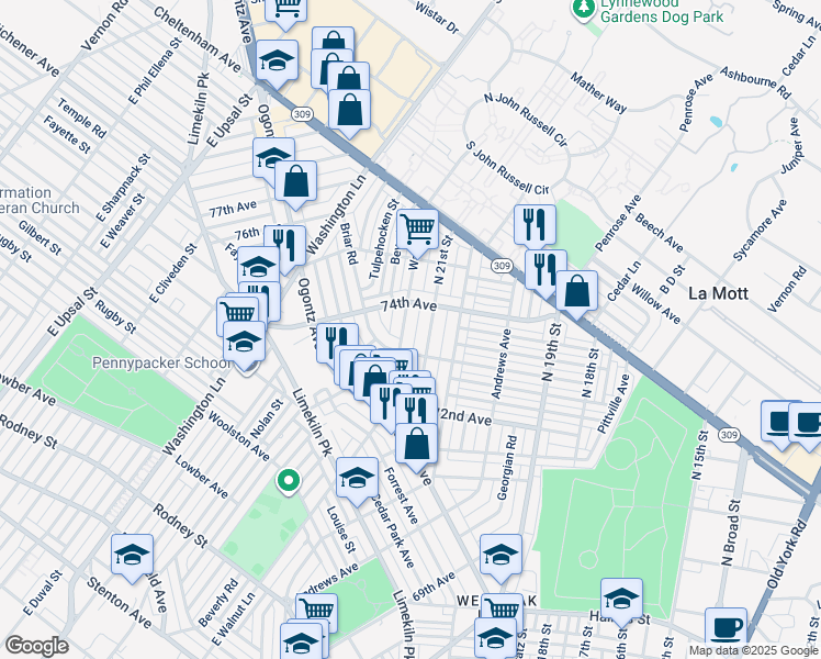 map of restaurants, bars, coffee shops, grocery stores, and more near 7331 East Walnut Lane in Philadelphia