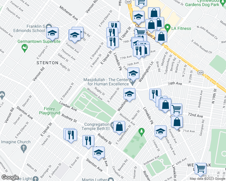 map of restaurants, bars, coffee shops, grocery stores, and more near 7506 Thouron Avenue in Philadelphia