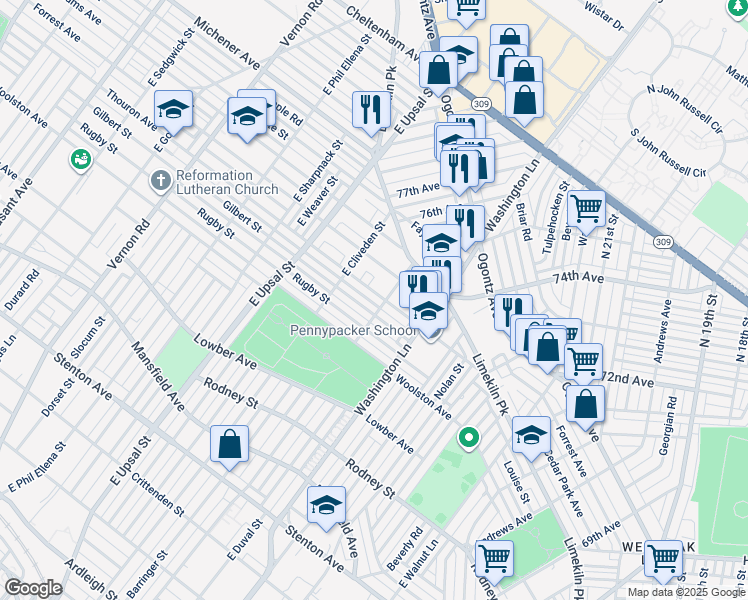 map of restaurants, bars, coffee shops, grocery stores, and more near 7506 Thouron Avenue in Philadelphia