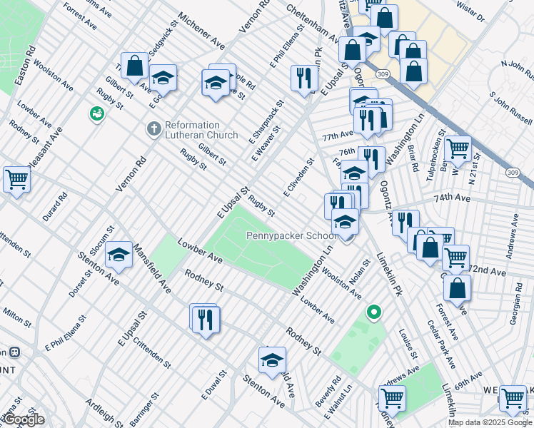 map of restaurants, bars, coffee shops, grocery stores, and more near 7602 Rugby Street in Philadelphia