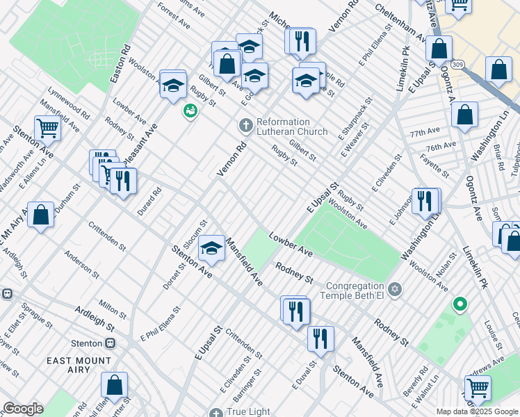 map of restaurants, bars, coffee shops, grocery stores, and more near 1111 East Hortter Street in Philadelphia