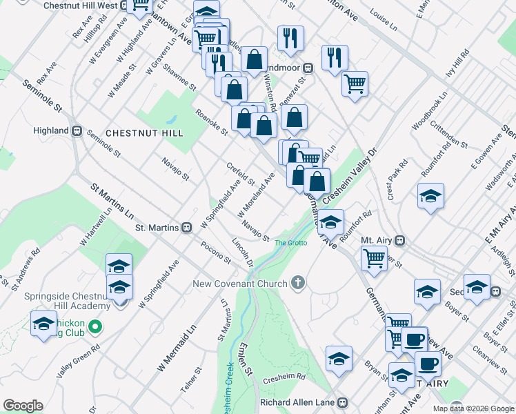 map of restaurants, bars, coffee shops, grocery stores, and more near 103 West Mermaid Lane in Philadelphia
