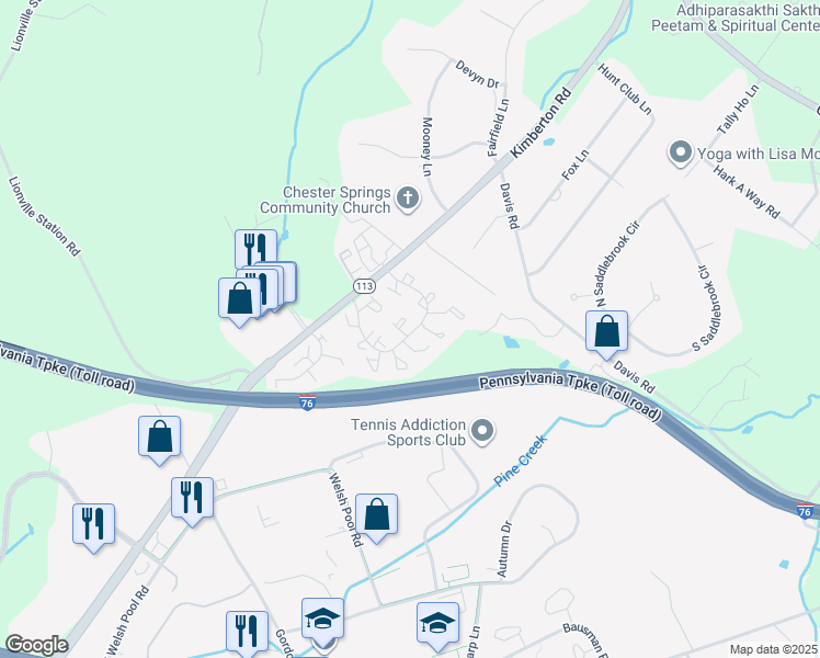 map of restaurants, bars, coffee shops, grocery stores, and more near 2501 Trinity Court in Chester Springs