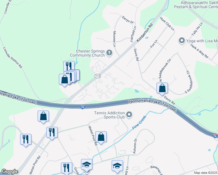 map of restaurants, bars, coffee shops, grocery stores, and more near 2501 Trinity Court in Chester Springs