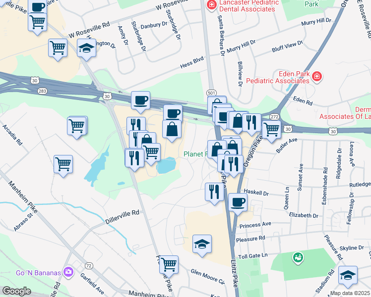 map of restaurants, bars, coffee shops, grocery stores, and more near 3 Mayer Place in Lancaster