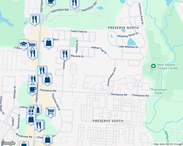 map of restaurants, bars, coffee shops, grocery stores, and more near 6194 Brickside Drive in New Albany
