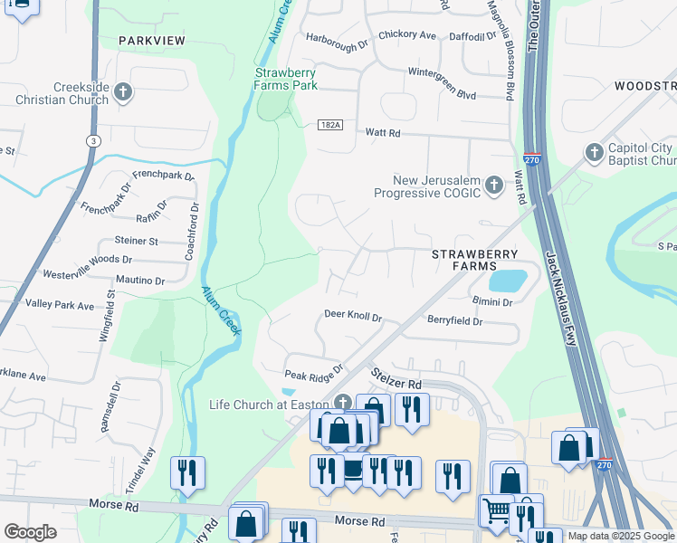 map of restaurants, bars, coffee shops, grocery stores, and more near 3797 Hampton Woods Drive in Columbus