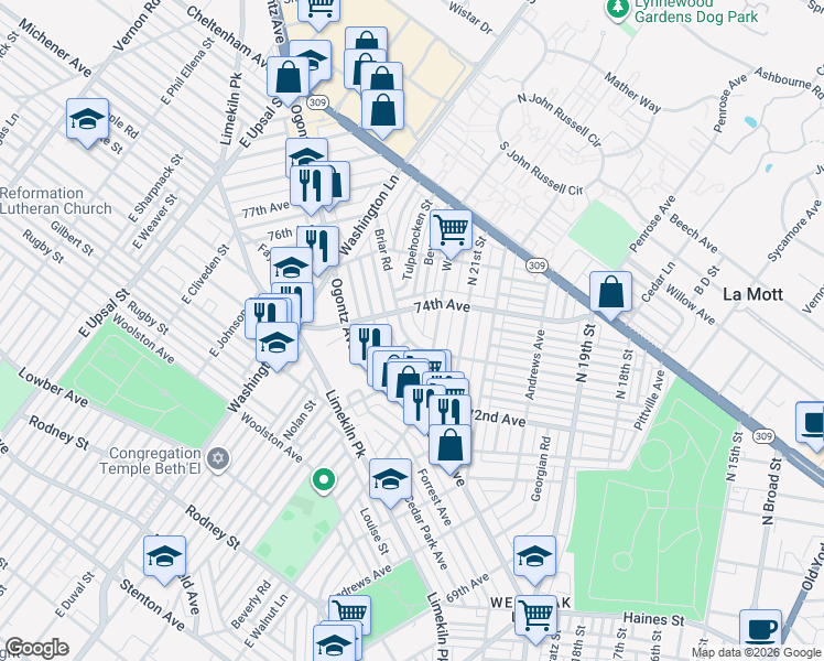 map of restaurants, bars, coffee shops, grocery stores, and more near 7311 Sommers Road in Philadelphia
