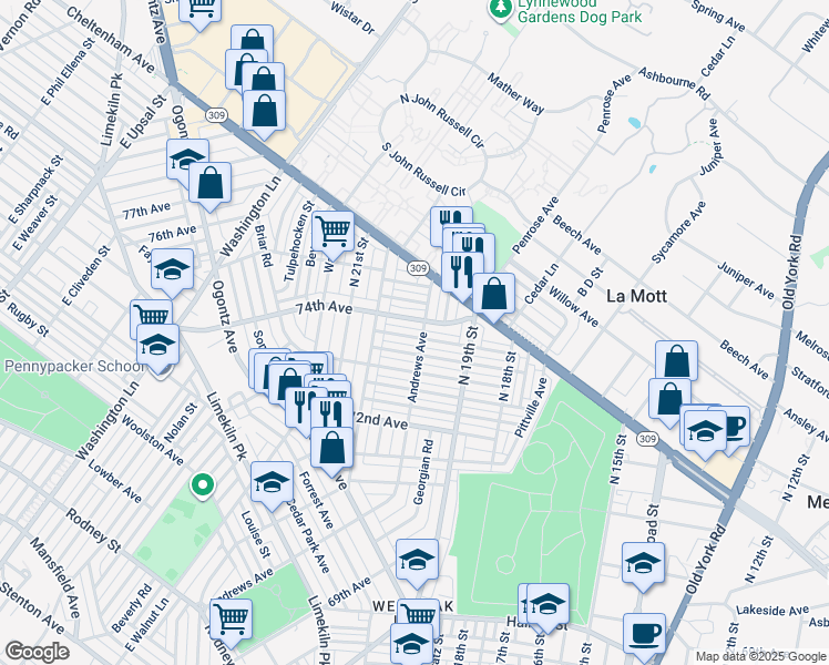 map of restaurants, bars, coffee shops, grocery stores, and more near 1955 Penfield Street in Philadelphia