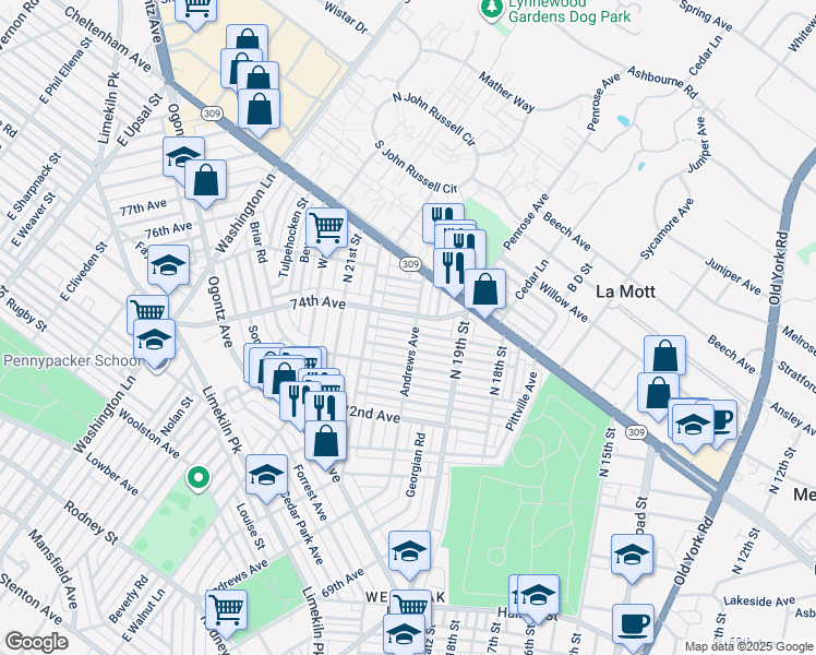 map of restaurants, bars, coffee shops, grocery stores, and more near 1955 Penfield Street in Philadelphia
