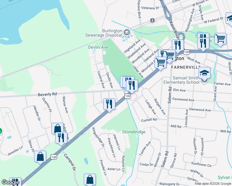 map of restaurants, bars, coffee shops, grocery stores, and more near 5 Devlin Avenue in Burlington