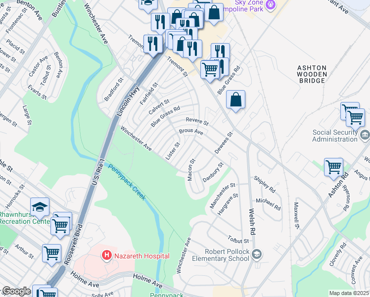 map of restaurants, bars, coffee shops, grocery stores, and more near 8816 Brocklehurst Street in Philadelphia