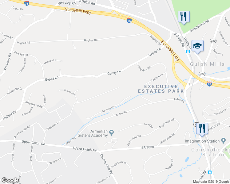 map of restaurants, bars, coffee shops, grocery stores, and more near 305 Highview Drive in Wayne