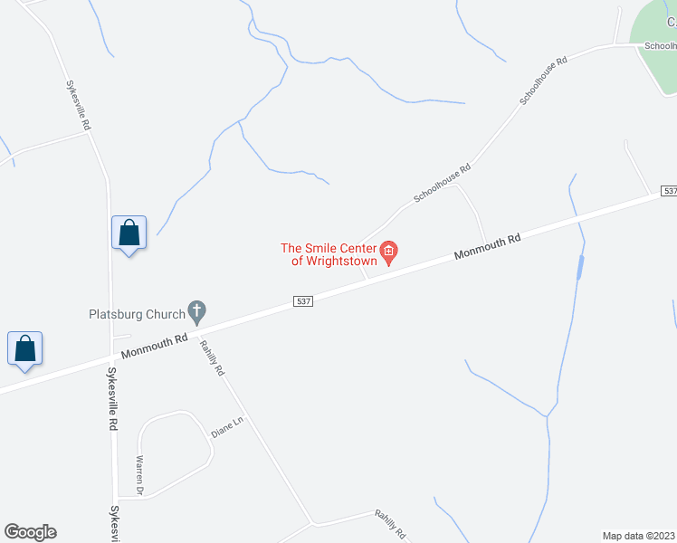 map of restaurants, bars, coffee shops, grocery stores, and more near 577 Monmouth Road in Wrightstown