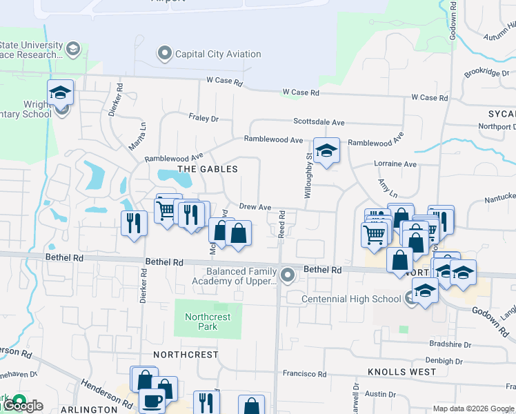 map of restaurants, bars, coffee shops, grocery stores, and more near Drew Ave & Archway Dr in Columbus