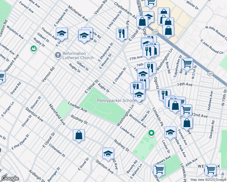 map of restaurants, bars, coffee shops, grocery stores, and more near 7540 Gilbert Street in Philadelphia