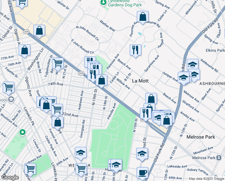 map of restaurants, bars, coffee shops, grocery stores, and more near 1718 Chelsea Road in Elkins Park