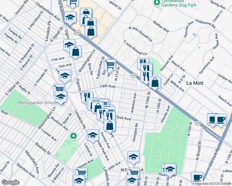 map of restaurants, bars, coffee shops, grocery stores, and more near 7337 North 21st Street in Philadelphia