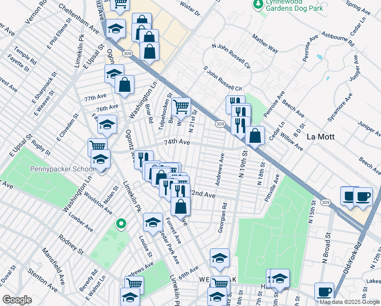 map of restaurants, bars, coffee shops, grocery stores, and more near 7337 North 21st Street in Philadelphia